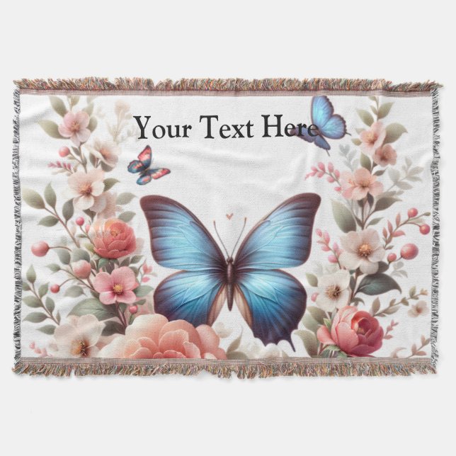 Customisable Text Blue Butterfly Floral Art-96279 Throw Blanket (Front)