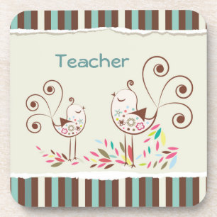 Customisable Thanks Teacher, Whimsical Bird Stripe Coaster