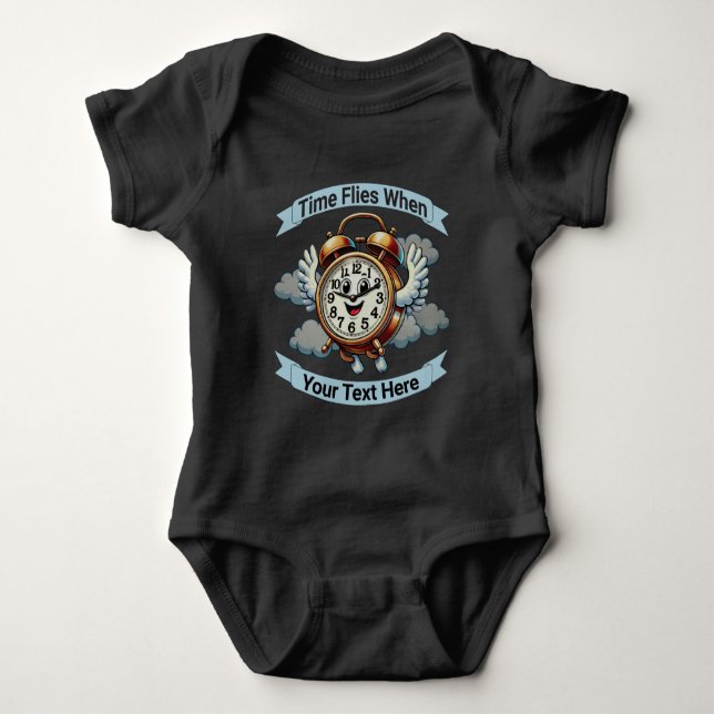 Customisable "Time Flies When" Flying Clock Baby Bodysuit (Front)