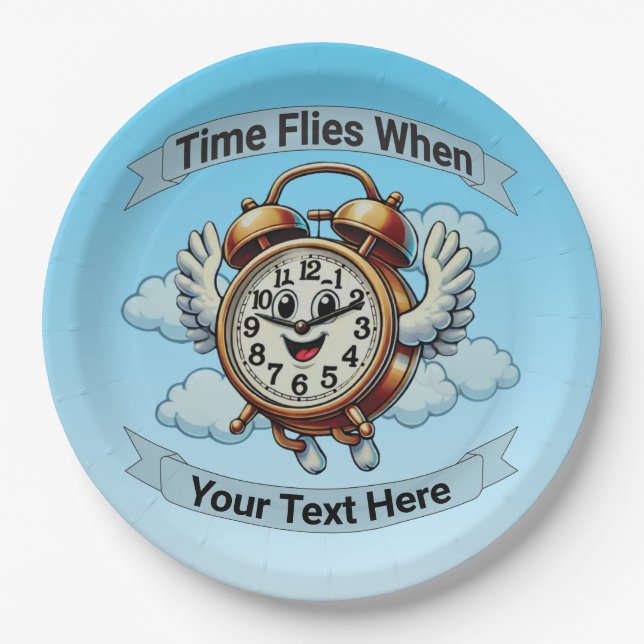 Customisable "Time Flies When" Flying Clock Paper Plate (Front)