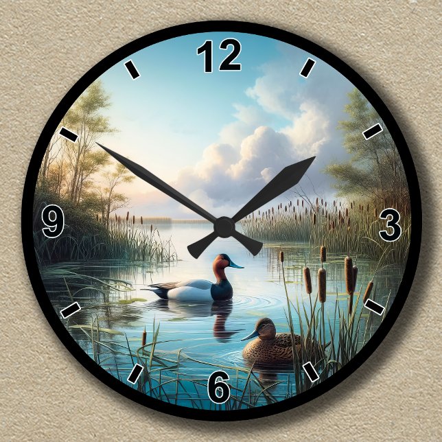 Customisable Tranquil Wetland Canvasback Ducks  Round Clock (Creator Uploaded)