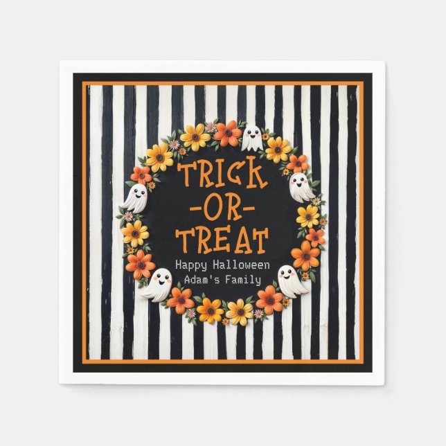 Customisable Trick-or-Treat - Rustic Ghost Floral Napkin (Front)