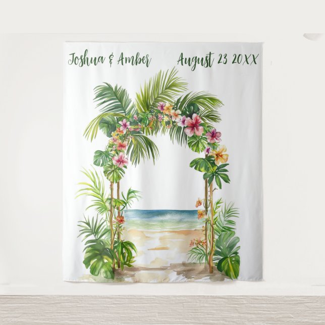 Customisable Tropical Beach Arch Wedding Backdrop Tapestry (Front)