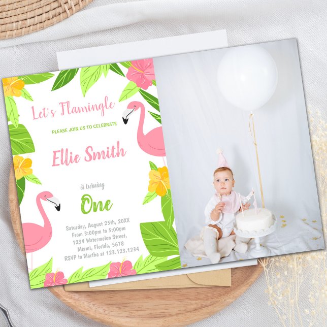 Customisable Tropical Party Invitations for Kids (Green Flamingo Birthday Invitations with photo)
