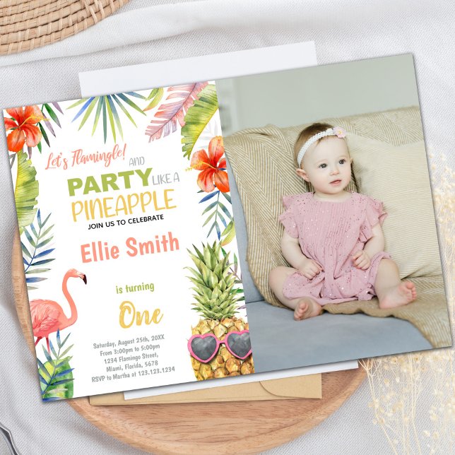 Customisable Tropical Party Invitations for Kids (Photo Flamingo & Pineapple Birthday Invitations)
