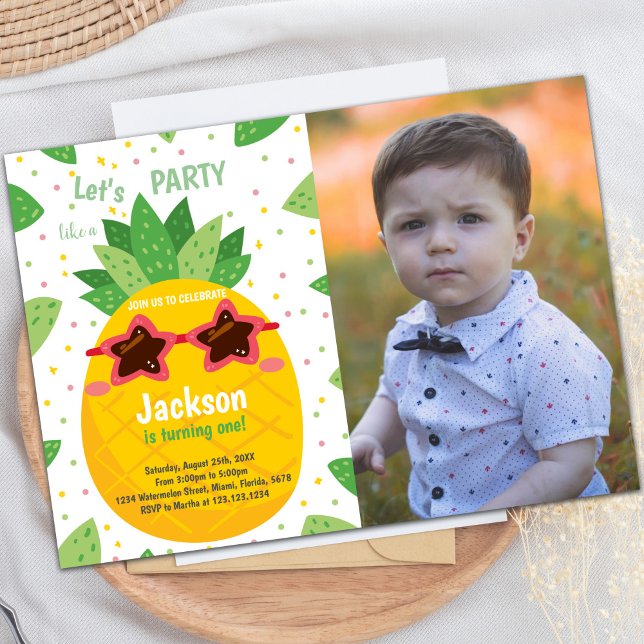 Customisable Tropical Party Invitations for Kids (Orange Pineapple Birthday Invitations w photo)