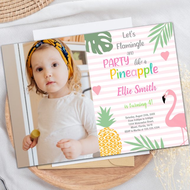 Customisable Tropical Party Invitations for Kids (Pink Flamingo Birthday Invitations with photo)