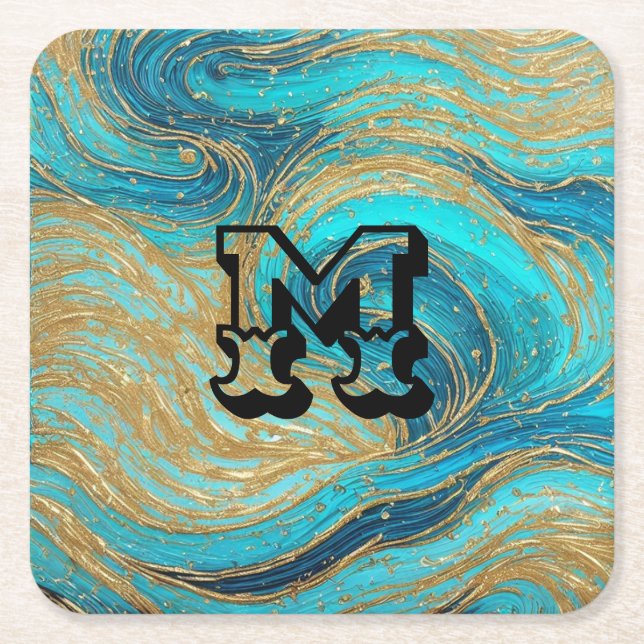 Customisable Turquoise Blue Gold swirls Coasters (Front)