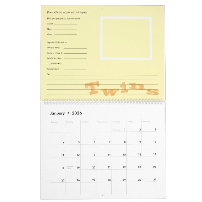 Customisable Twins pregnancy calendar (Jan 2026)