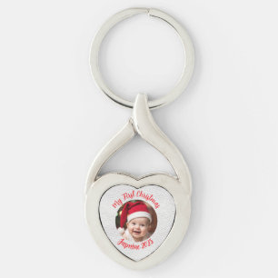 Customisable Twisted Heart Metal Baby First Xmas Key Ring