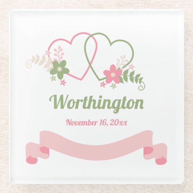 Customisable Two Linked Hearts Love Design  Glass Coaster (Front)