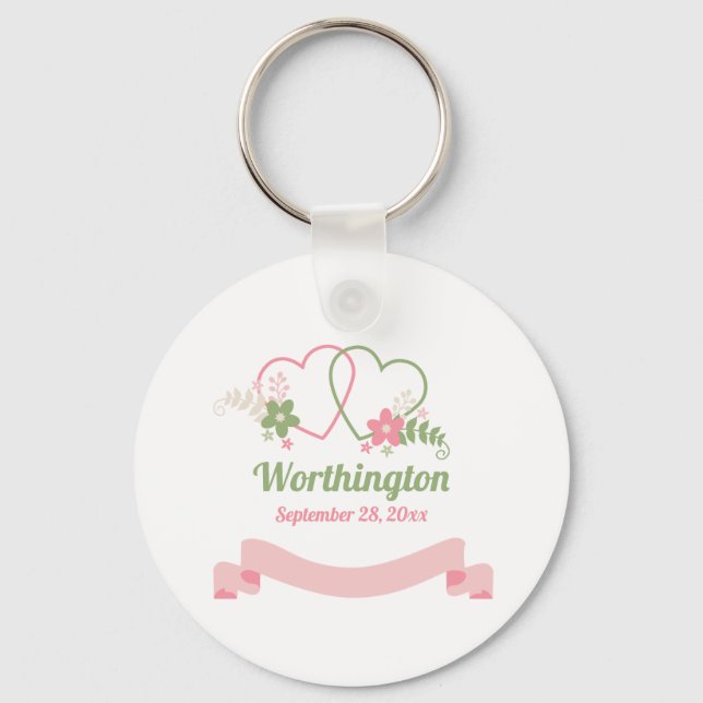 Customisable Two Linked Hearts Wedding Favour Key Ring (Front)