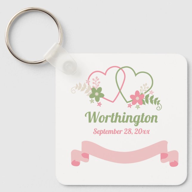 Customisable Two Linked Hearts Wedding  Key Ring (Front)