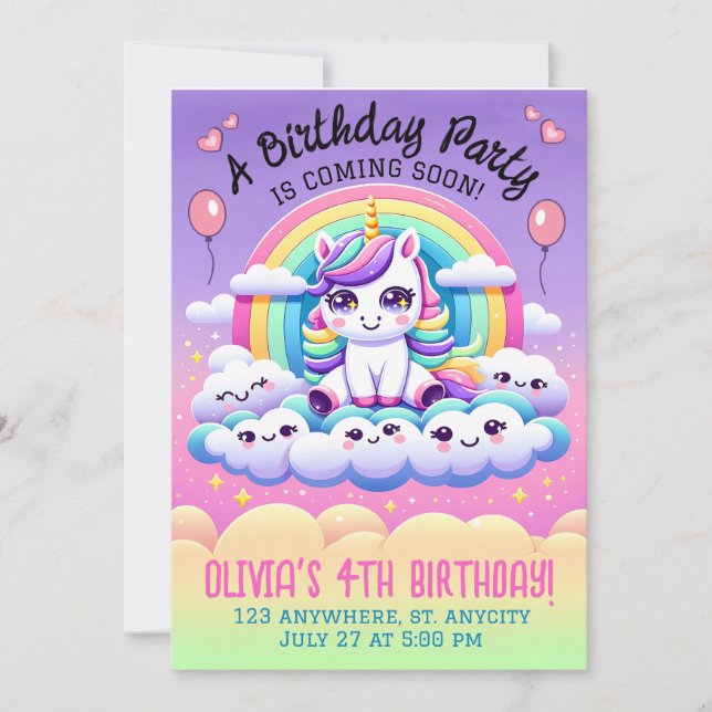 Customisable Unicorn Birthday Party Invitation (Front)