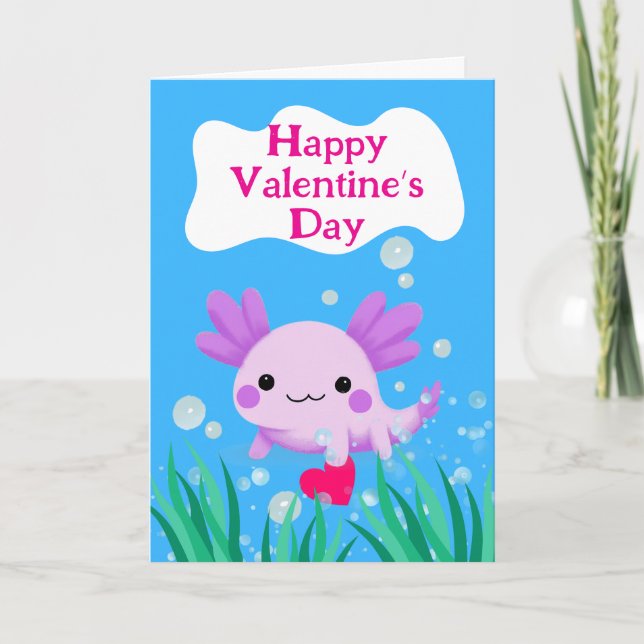 Customisable Valentine’s Day Axolotl with Heart Card (Front)