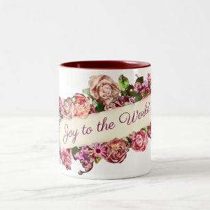 Customisable Vintage Girly Floral Joy To The World Two-Tone Coffee Mug