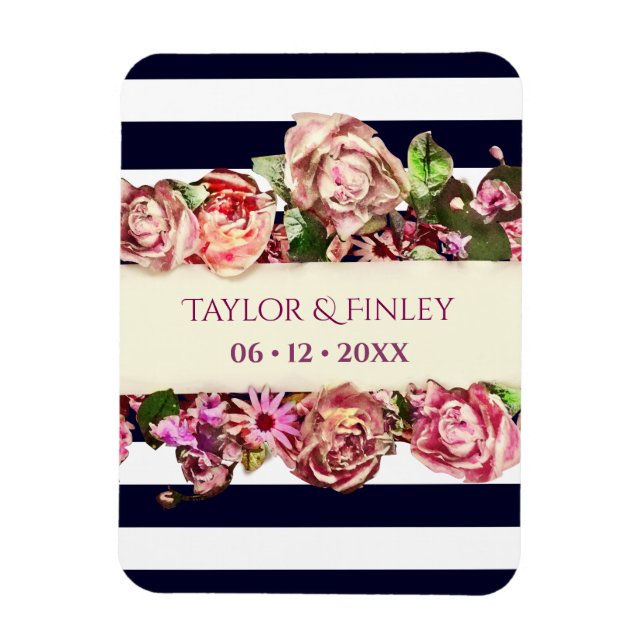 Customisable Vintage Modern Floral Striped Wedding Magnet (Vertical)