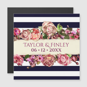 Customisable Vintage Modern Floral Striped Wedding Magnetic Invitation