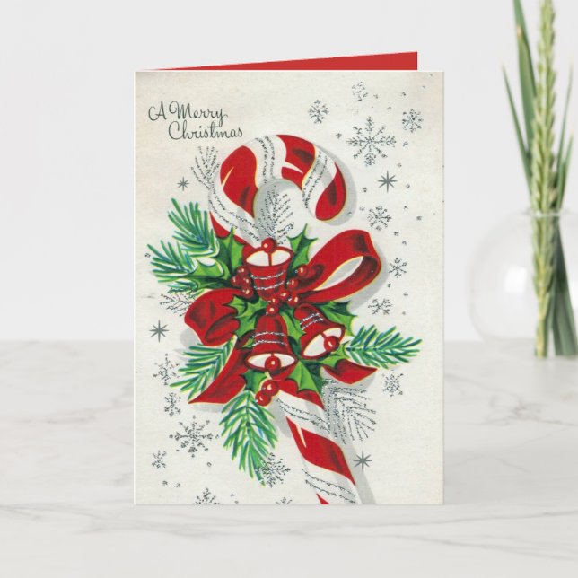 customisable Vintage retro candy cane card (Front)