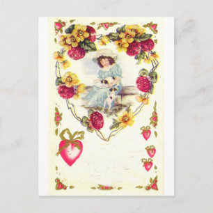 Customisable Vintage Valentine Girl with Dog Holiday Postcard