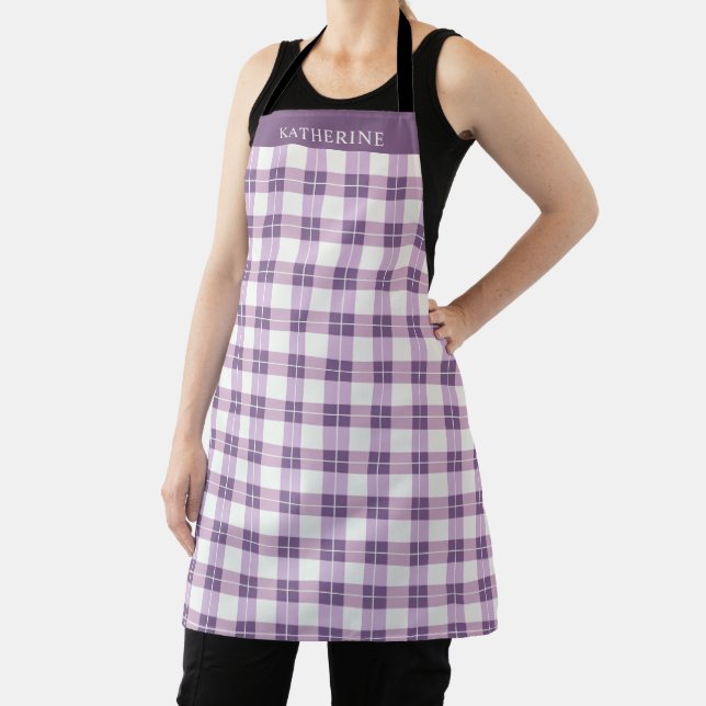 Customisable Violet Purple White Chequered Pattern Apron (Insitu)