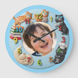 Customisable Wall Clock for Kids with Funny Cats