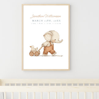 Customisable Watercolor Elephant Baby Boy Nursery Poster