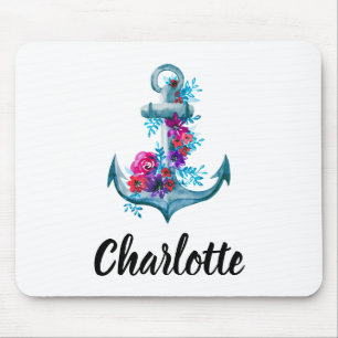Customisable Watercolor Floral Anchor Illustration Mouse Pad