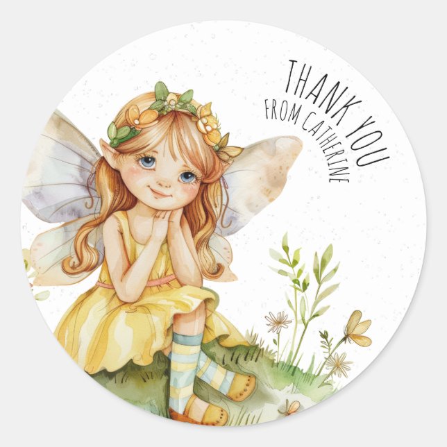 Customisable Watercolor Garden Fairy Thank You Classic Round Sticker (Front)