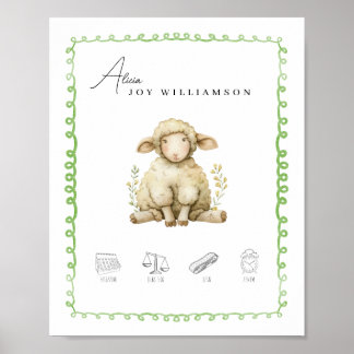Customisable Watercolor Lamb Birth Details Nursery Poster
