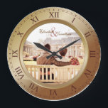 Customisable Wedding Anniversary Bronze Photograph Large Clock<br><div class="desc">A simple, elegant clock in bronze and copper tones, with Roman numerals. The frame that functions as part of the clock is also a frame for your favourite wedding photograph. Keep the sample image of a couple sitting on a bench facing a row of beautiful houses, or replace it with...</div>