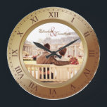 Customisable Wedding Anniversary Bronze Photograph Large Clock<br><div class="desc">A simple, elegant clock in bronze and copper tones, with Roman numerals. The frame that functions as part of the clock is also a frame for your favourite wedding photograph. Keep the sample image of a couple sitting on a bench facing a row of beautiful houses, or replace it with...</div>