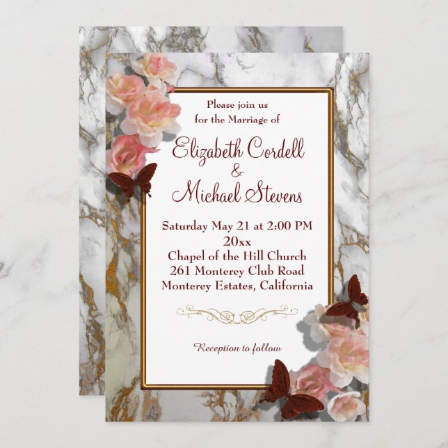 Customisable Wedding invitation marble faux gold (Front/Back)