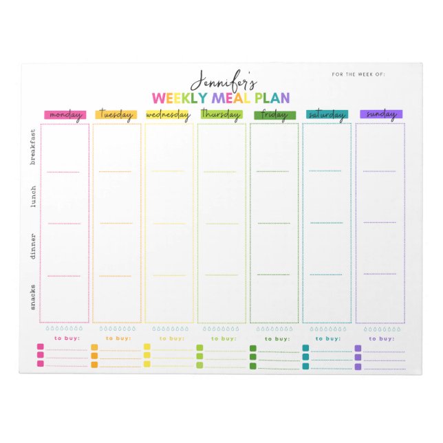 Customisable Weekly Meal Plan Notepad (Front)