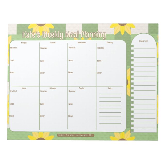 Customisable Weekly Meal Planner | Sunflower Plaid Notepad (Front)