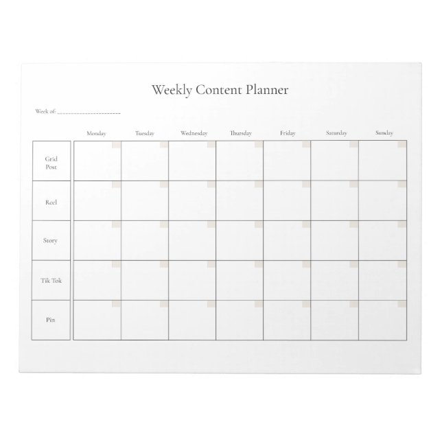 Customisable Weekly Social Media Content Planner Notepad (Front)