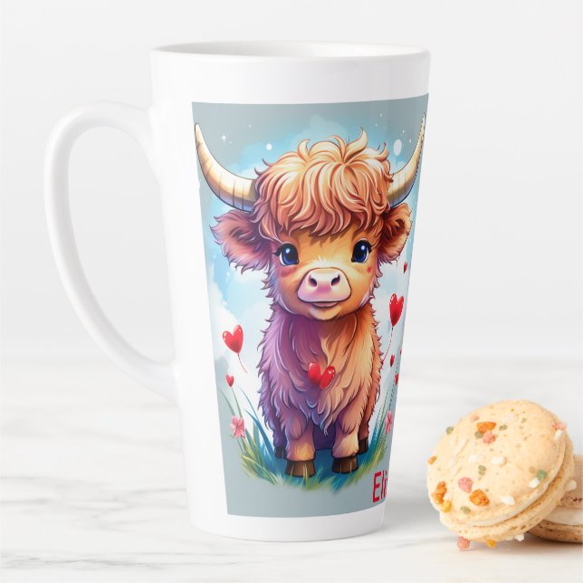 Customisable Whimsical Valentine Highland Cow,  Latte Mug (In Situ)