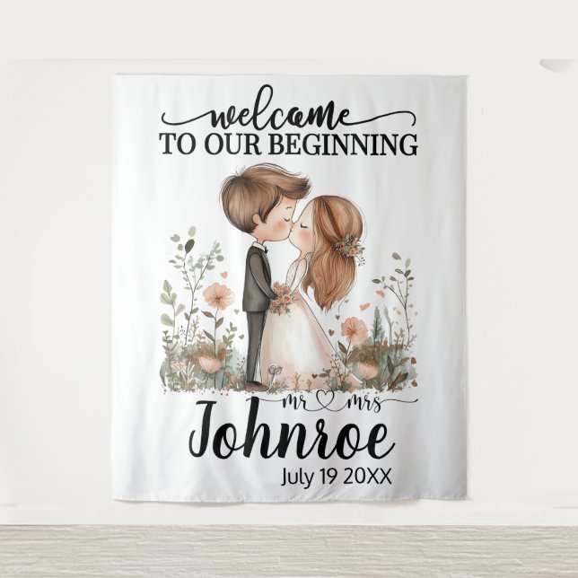 Customisable Whimsical Wedding Backdrop Tapestry (Front)