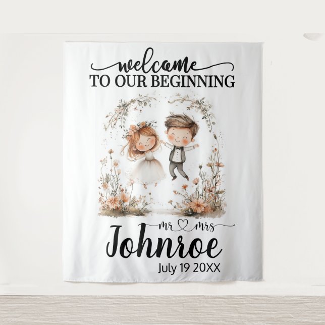 Customisable Whimsical Wedding Backdrop Tapestry (Front)