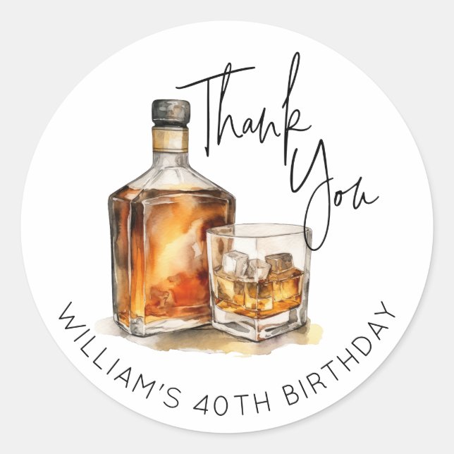Customisable Whiskey Bottle Birthday Thank You Classic Round Sticker (Front)