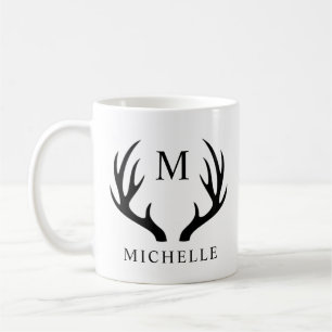 Customisable White And Black Deer Antler Monogram  Coffee Mug