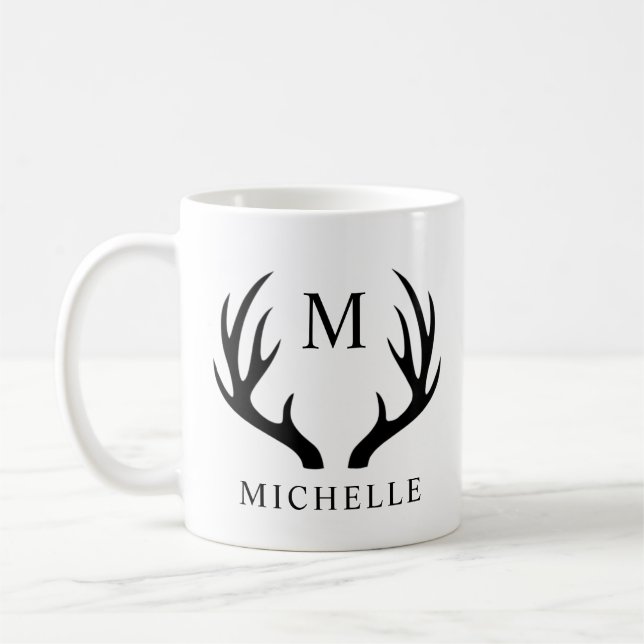 Customisable White And Black Deer Antler Monogram  Coffee Mug (Left)