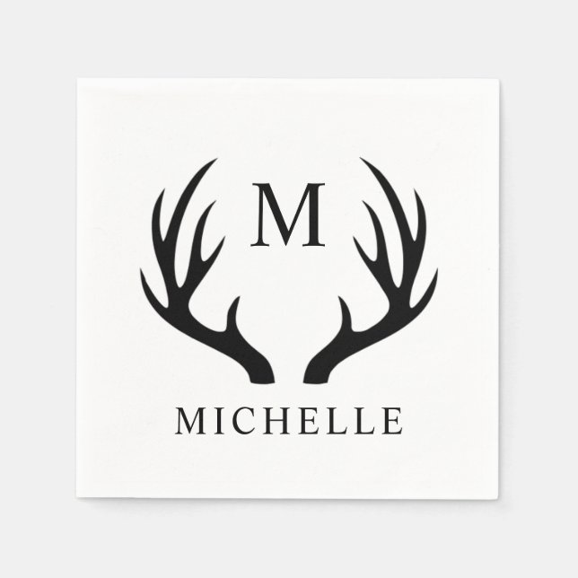 Customisable White And Black Deer Antler Monogram  Napkin (Front)