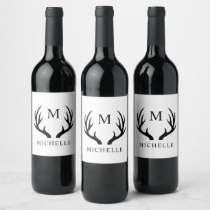 Customisable White And Black Deer Antler Monogram  Wine Label