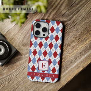 Customisable White Blue Red Argyle Pattern iPhone 15 Pro Max Case