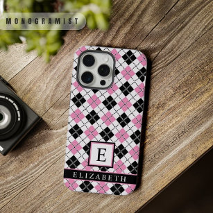 Customisable White Pink Black Chequered Argyle iPhone 15 Pro Max Case