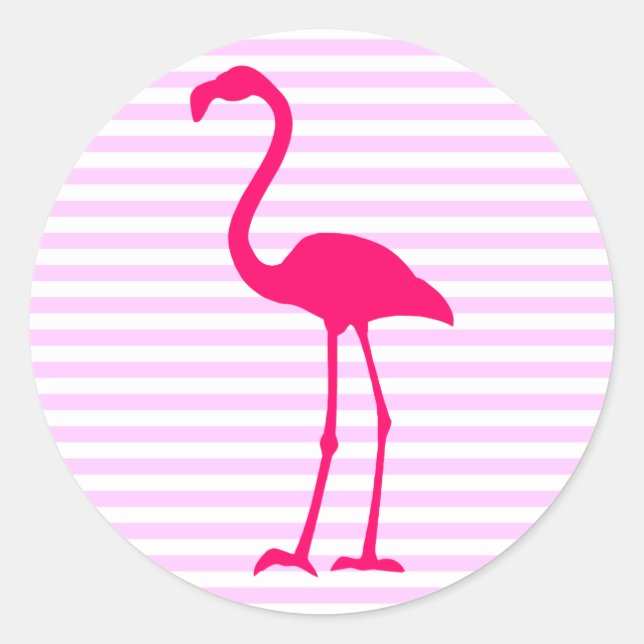 Customisable White Stripes Hot Pink Flamingo Classic Round Sticker (Front)