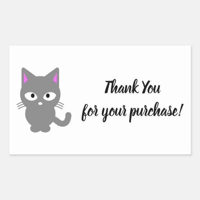 Customisable white Thank You sticker with grey cat (Front)