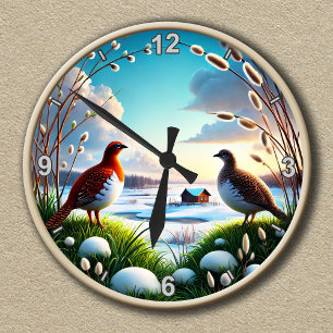 Customisable Willow Ptarmigan Birds Sunset Scene Round Clock