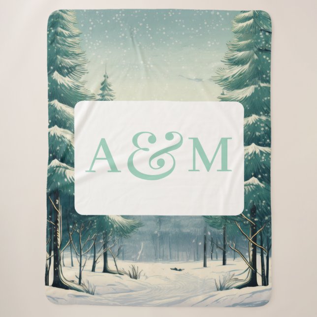 Customisable Winter Forest with Dual Monogram Sherpa Blanket (Front)